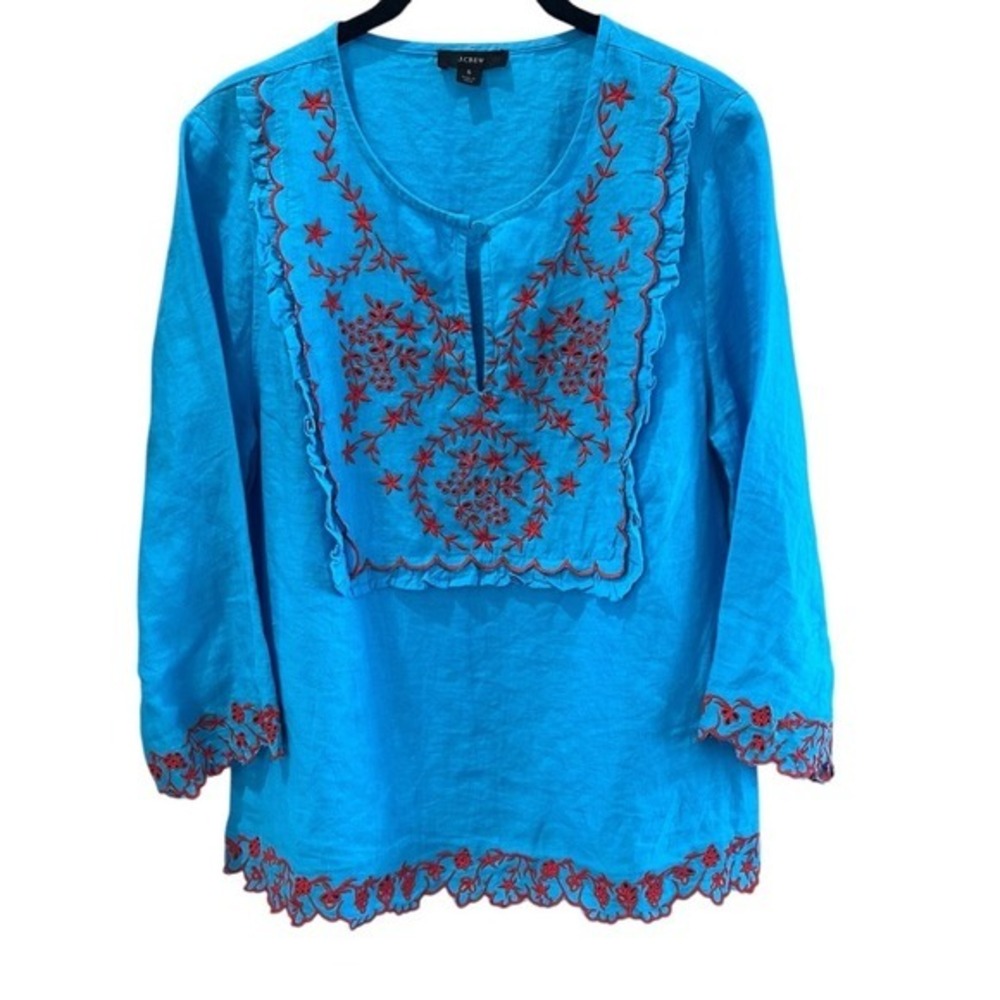 J. Crew‎ Turquoise Red Embroidered Linen Tunic Top Size Small boho